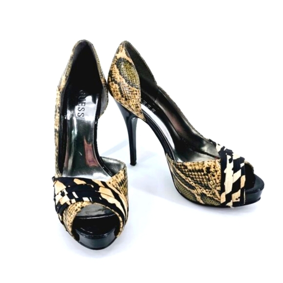Guess GF Hedley Women's 6.5M  Reptile Print Open Toe Platform 4.5" Heel Stiletto - Picture 1 of 10